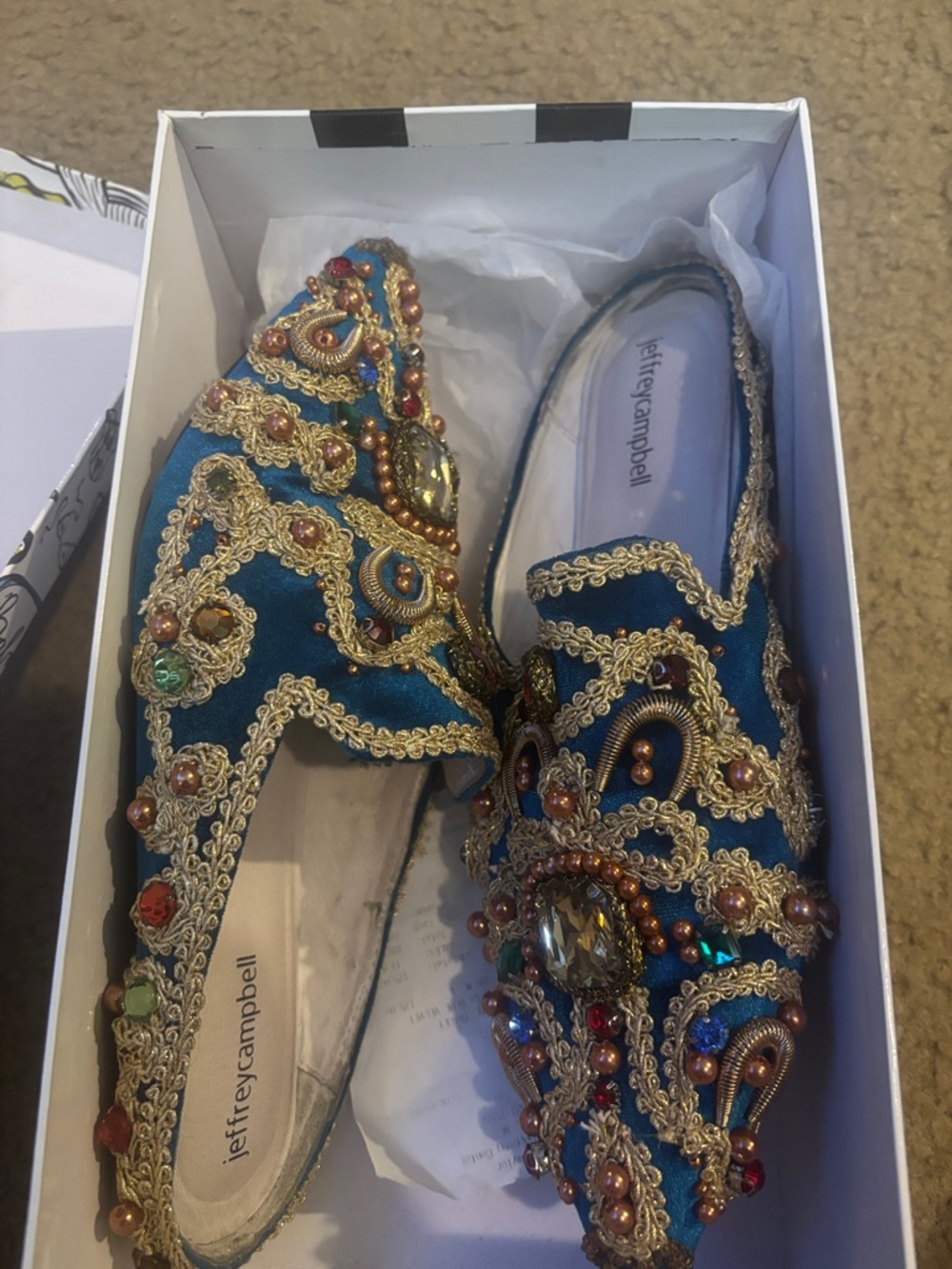 Jeffrey Campbell Teal Embellished Slip-On Flats with Gold Trim